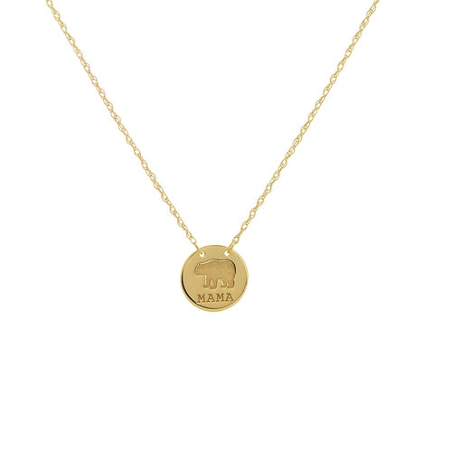 Mama Bear Stamped Mini 14K Disc Necklace