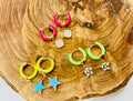 Neon Yellow Huggie Earrings with Enamel Star Charms