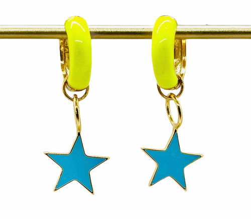 Neon Yellow Huggie Earrings with Enamel Star Charms