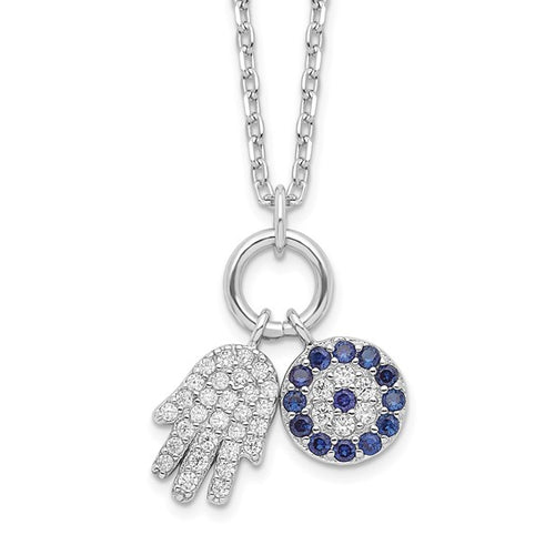 Sterling Silver CZ Eye and Hamsa Charm Necklace