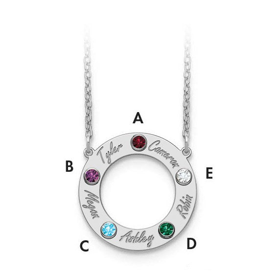 Engraved Family Circle Birthstones Necklace